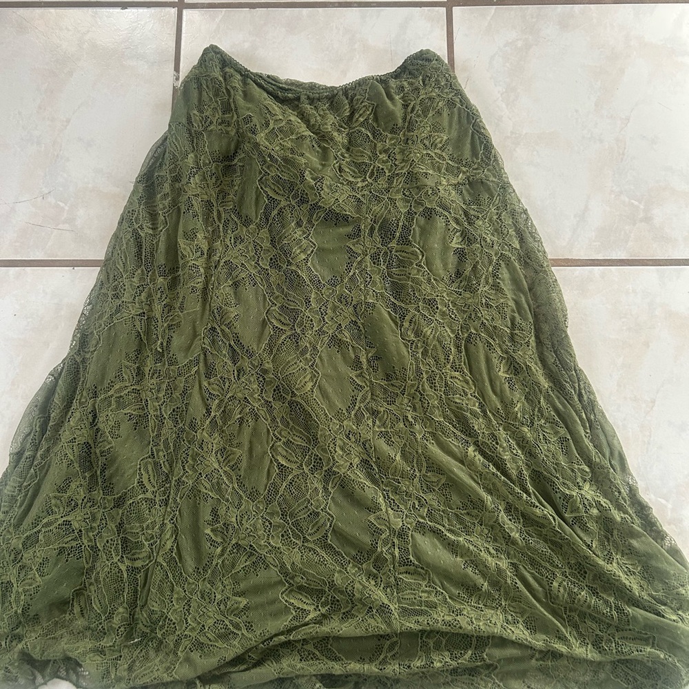 Olive Green Lace A-Line Skirt — Women's Flare Skirt